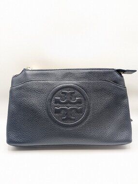 Tory Burch Navy Perry Bombé Double-Zip Crossbody | Gold Chain Strap | Pebbled